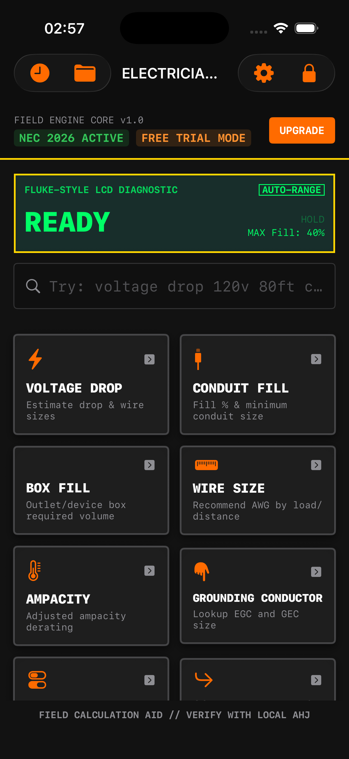 Electrician Field Calculator dark mode home screen