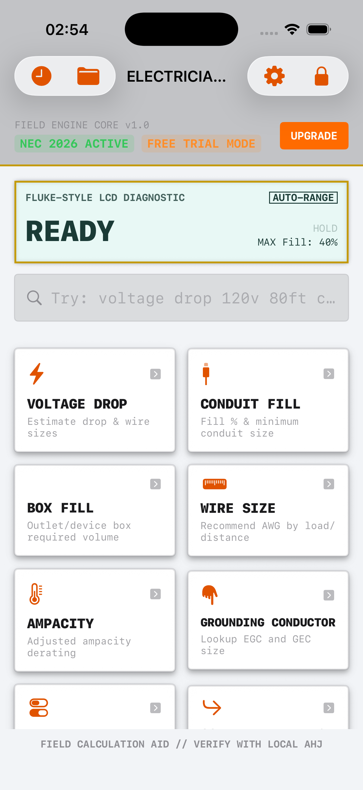 Electrician Field Calculator light mode home screen